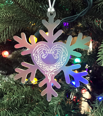 Frosted acrylic snowflake Christmas ornament with horse heart engraving.