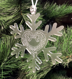 Frosted acrylic snowflake ornament with horse heart engraving.